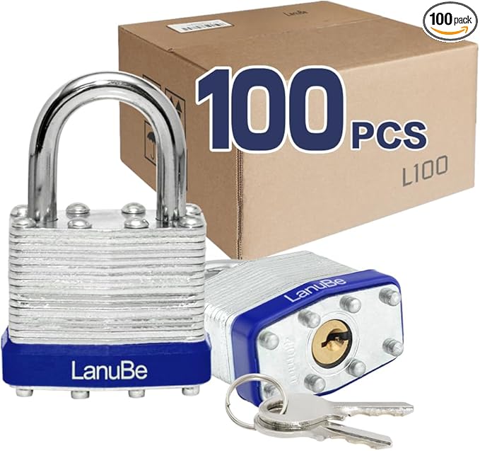 LanuBe Lock Laminated keyed Padlock (1-9/16", 40mm), keyed Alike Locks, Normal Shackle,Marked Blue Plastic Hoop, Pack of 100