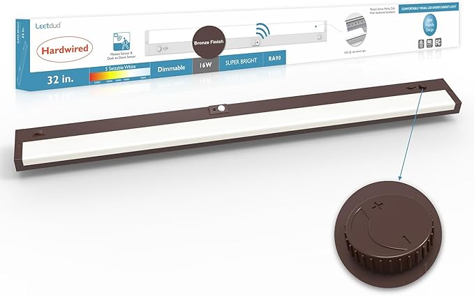 LED Under Cabinet Lighting Motion Sensored Hardwired with Built-in Dimmer, 32 Inch 16W Dimmable 5 Color 2700/3000/3500/4000/5000K, Linkable Eyes Care for Kitchen, Counter, ETL Listed, Bronze