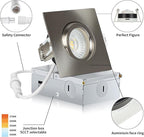 Square Brushed Nickel Recessed Lighting 3 Inch 6 Pack, Ajustable Eyeball recessed Light with Junction Box,5 Color Selectable,Airtight,9W 750LM,Dimmable,Brushed Nickel