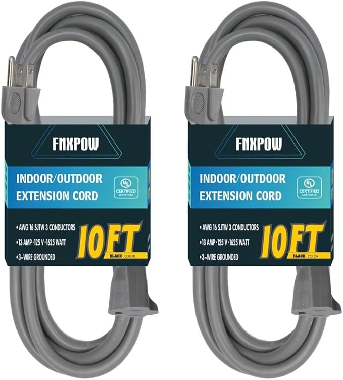 Indoor Outdoor Extension Cord 10 FT Waterproof, 16/3 Gauge Heavy Duty Gray Extension Cords, 13A 1625W SJTW Extension Cord with 3 Prong Grounded Plug, Great for Tools, Lights, UL Listed, 2PK
