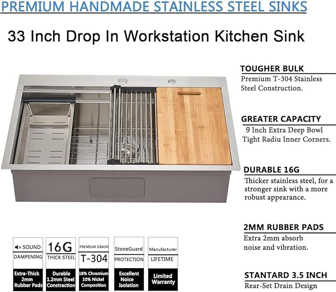 SHACO 33x22 Inch Drop In Kitchen Sink, 33 Inch All In One SUS304 Stainless Steel Top Mount Single Bowl Overmount Double Ledges Workstation Sink with Accessories, Brushed Nickel