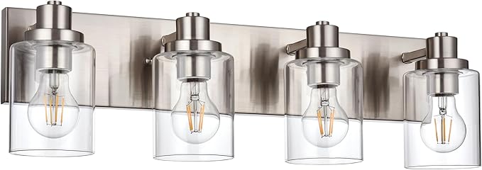 4 Light Vanity Light Brushed Nickel Bathroom Lighting Fixtures Over Mirror, Modern Bathroom Light with Clear Glass Shade, Farmhouse Vanity Lights