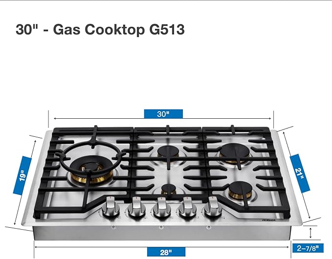 ROBAM 30" Gas Cooktop G513 with 5 Made in Italy Brass Burners, Built-in NG/LPG Convertible Gas Stove, 20,000 BTUs Power Burner, Flameout Protection