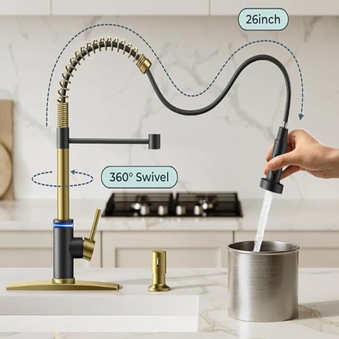 Smart Kitchen Faucet, 3 Modes Pull Down Sprayer, Touch On Sensor Activated, LED Temperature Control, 360-Degree Rotation, 1 or 3 Hole Deck Plate. 10-Year Warranty. (KW-66GR, Brushed Gold/Black)