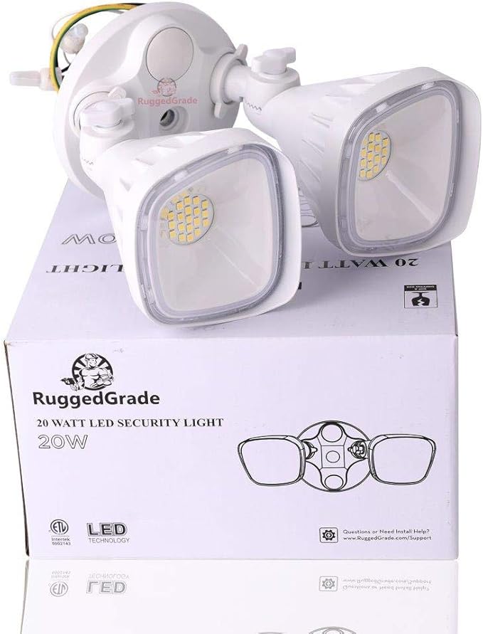 RuggedGrade 20W Turin II Series LED Security Wall Light - Adjustable LED Flood Light - 1,750 Lumens - 5000K Bright White - Dusk to Dawn P/C Sensor - White Housing - Outdoor LED Light | DLC 5.1 Premium