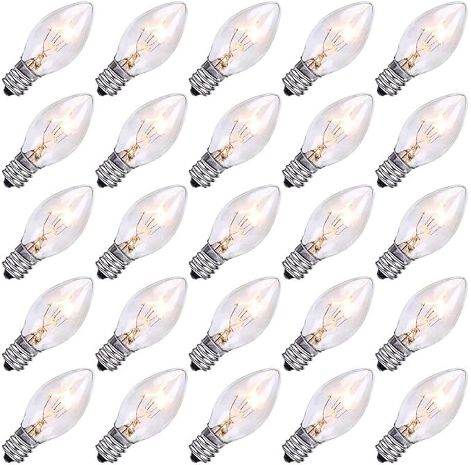 SUNSGNE 25 Pack C7 Clear Replacement Bulbs Christmas Light Bulbs, Outdoor Patio String Light Bulbs, C7 Night Light Replacement Bulbs, E12/C7 Candelabra Base, 5 Watt- Clear