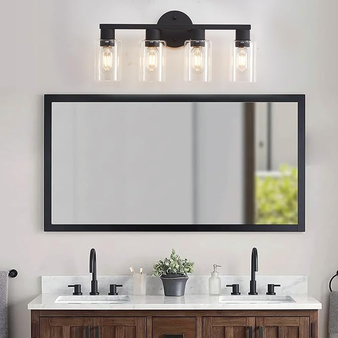 4 Light Bathroom Vanity Light, Matte Black Bathroom Light Fixtures with Clear Glass Shade, 4-Light Vanity Lights, Black Lighting Fixtures for Bath Mirror Bedroom Living Room Hallway Porch