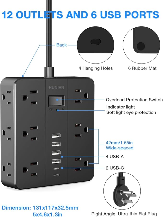 Flat Plug Surge Protector Power Strip, HUNIAN 12 Widely Spaced Outlets with 6 USB Charger (2 USB C Ports), 10 Ft Extension Cord Desk Charging Station for Home Office Supplies, Dorm Room, Black