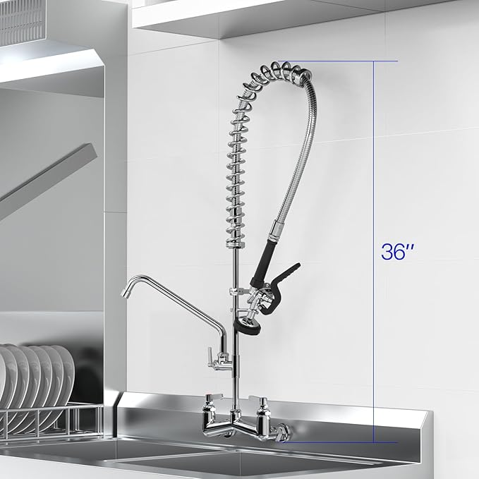 36" Height Commercial Faucet with Pre-Rinse Sprayer and 10" Add-on Swing Spout – 8" Adjustable Center Wall Mount Kitchen Sink Faucet, Brass Body for 1/2/3 Compartment Restaurant Utility Sink