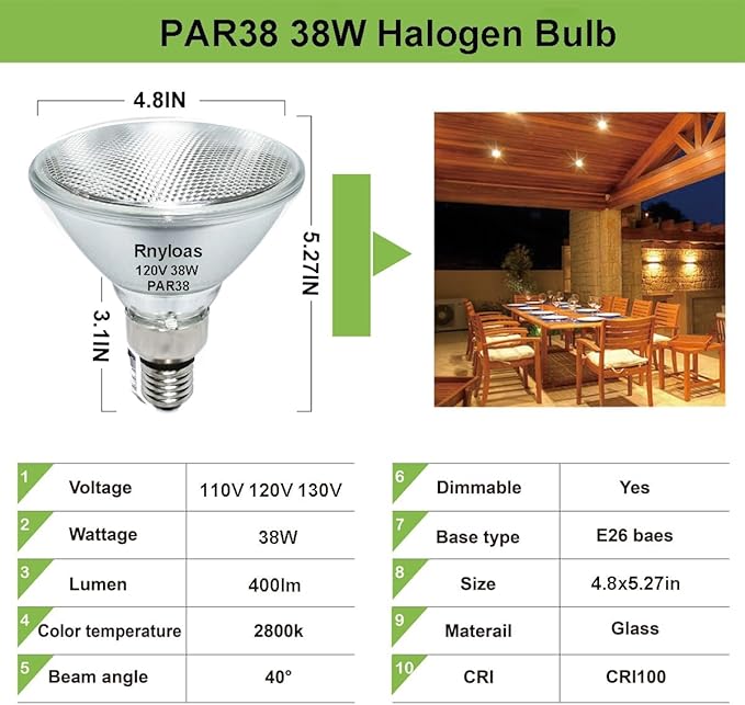 4 Pack Long Lifespan PAR38 Flood Light Bulb, Dimmable 38W 120V, High Output 400LM, Warm White, E26 Base, Indoor/Outdoor