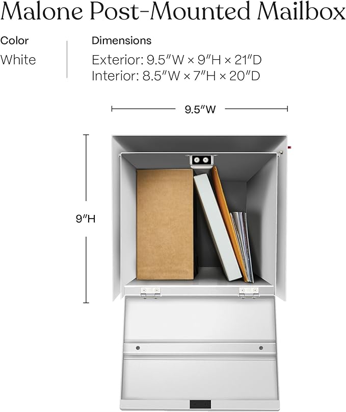 post & porch Malone Mailbox | Post Mounted Mailbox | Black/White/Gray/Brown/Red/Blue/Green, Regular or Large, Weatherproof Mail Box for Outside, Customizable (White, Regular)