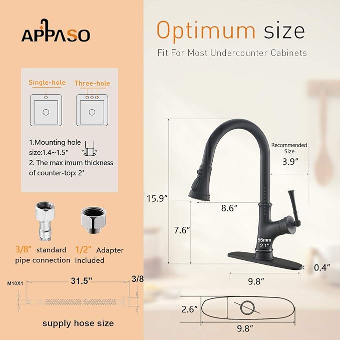 APPASO Black Kitchen Faucet with Pull Down Sprayer Head - Single Handle High Arc Single Hole Pull Out Kitchen Sink Faucets with Deck Plate, Matte Black