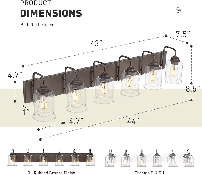 zeyu 44 Inch Farmhouse Bathroom Vanity Lights, 6-Light Bathroom Light Fixtures with Clear Glass Shade, Oil Rubbed Bronze Finish, ZSL72B-6W ORB