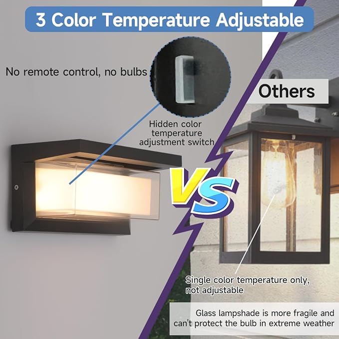 Outdoor Wall Lights 2Pack LED 3 Color Outdoor Light Fixture Wall Mount Exterior Lights 2100Lm IP65 Exterior Wall Sconce，Rustproof Sconce with Double Shade, Matte Black Light for Porch