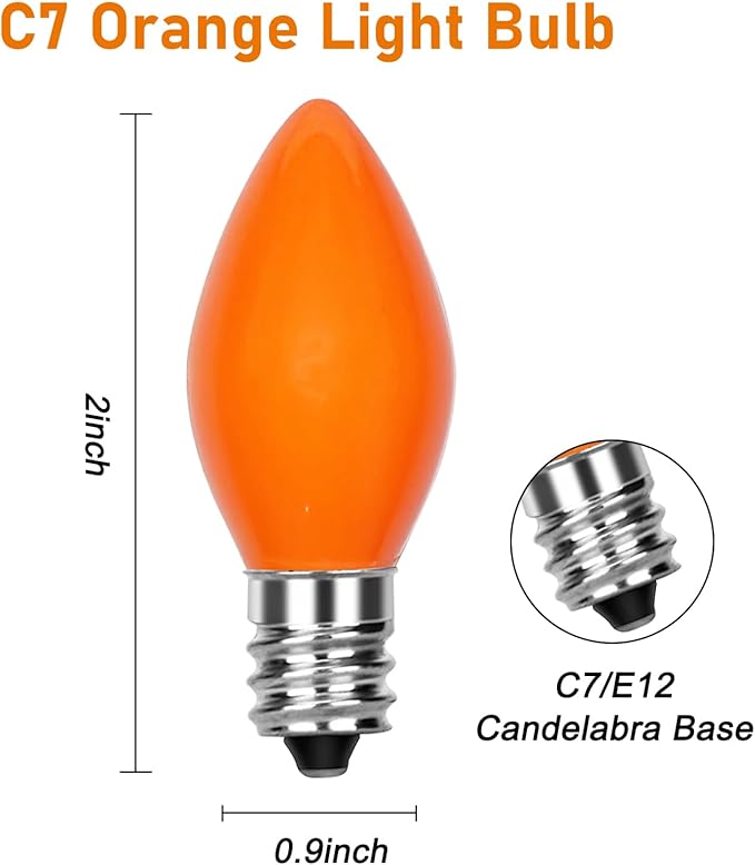 25 Pack C7 Halloween Replacement Bulbs, Ceramic Orange Christmas Light Bulbs for Indoor/Outdoor String Lights, E12/C7 Candelabra Base, 5W Incandescent Night Light Bulbs