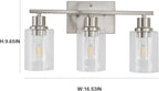 EMONG Brushed Nickel Bathroom Light Fixtures, 3-Light Vanity Lights with Clear Glass Shade, Wall Sconces for Hallway, Farmhouse, Living Room, Kitchen