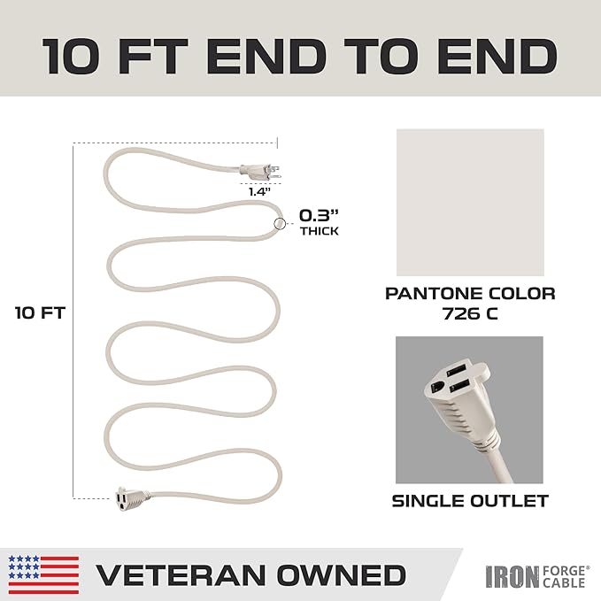 Iron Forge Cable Weatherproof 10 Ft Outdoor Extension Cord - 16/3 SJTW Heavy Duty Beige Extension Cord 3 Prong - 13 Amp Exterior Power Cable