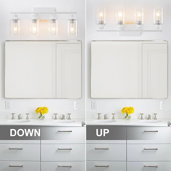 4 Light White Bathroom Light Fixtures Vanity Light Over Mirror Modern Wall Lighting Sconces Rustic Industrial Wall Lamp for Bathroom, Bedroom, Living Room E26 Socket with Glass Shade