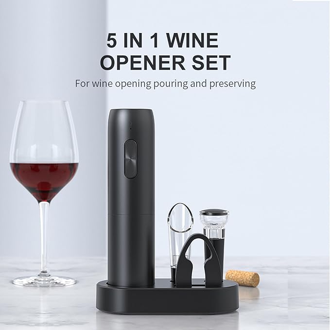 Electric Wine Bottle Opener Set, 5-in-1 Rechargeable Wine Gift Set with Charging Station, Foil Cutter, Aerator Pourer, Wine Stopper