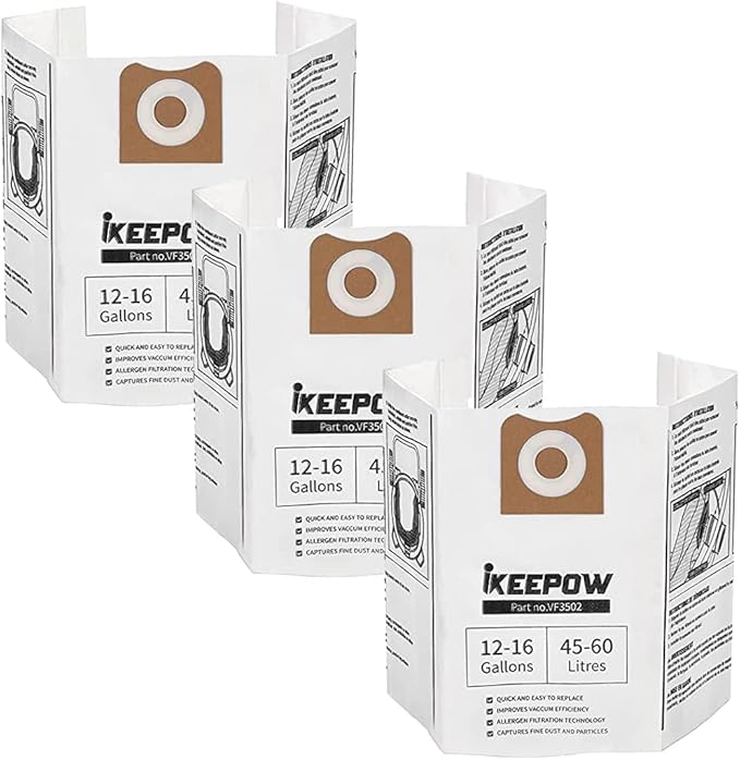 3 Pack VF3502 Shop Vac Bags, Compatible with Ridgid Vacuum 12-16 Gallon, Replacement Fiter Bags, 23743 VF3502 High Efficiency Dust Bags