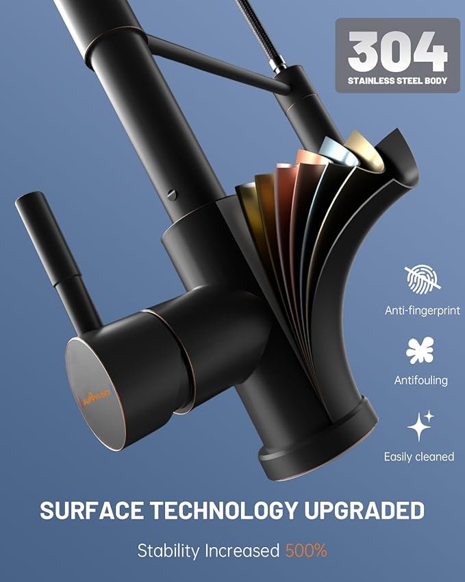 APPASO Bronze Kitchen Faucet with Soap Dispenser, ORB Pull Down Kitchen Sink Faucet, SUS304 Stainless Steel Single Handle High Arc Spring Faucet, Oil Rubbed Bronze