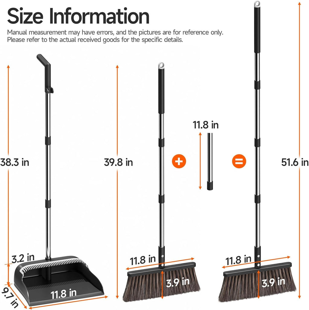 Broom and Dustpan Set for Home, Extra Brush Head & 51.6" Adjustable Long Handle, with Comb Teeth for Pet Hair, Lightweight Indoor Sweeping Kit for Hardwood Floor