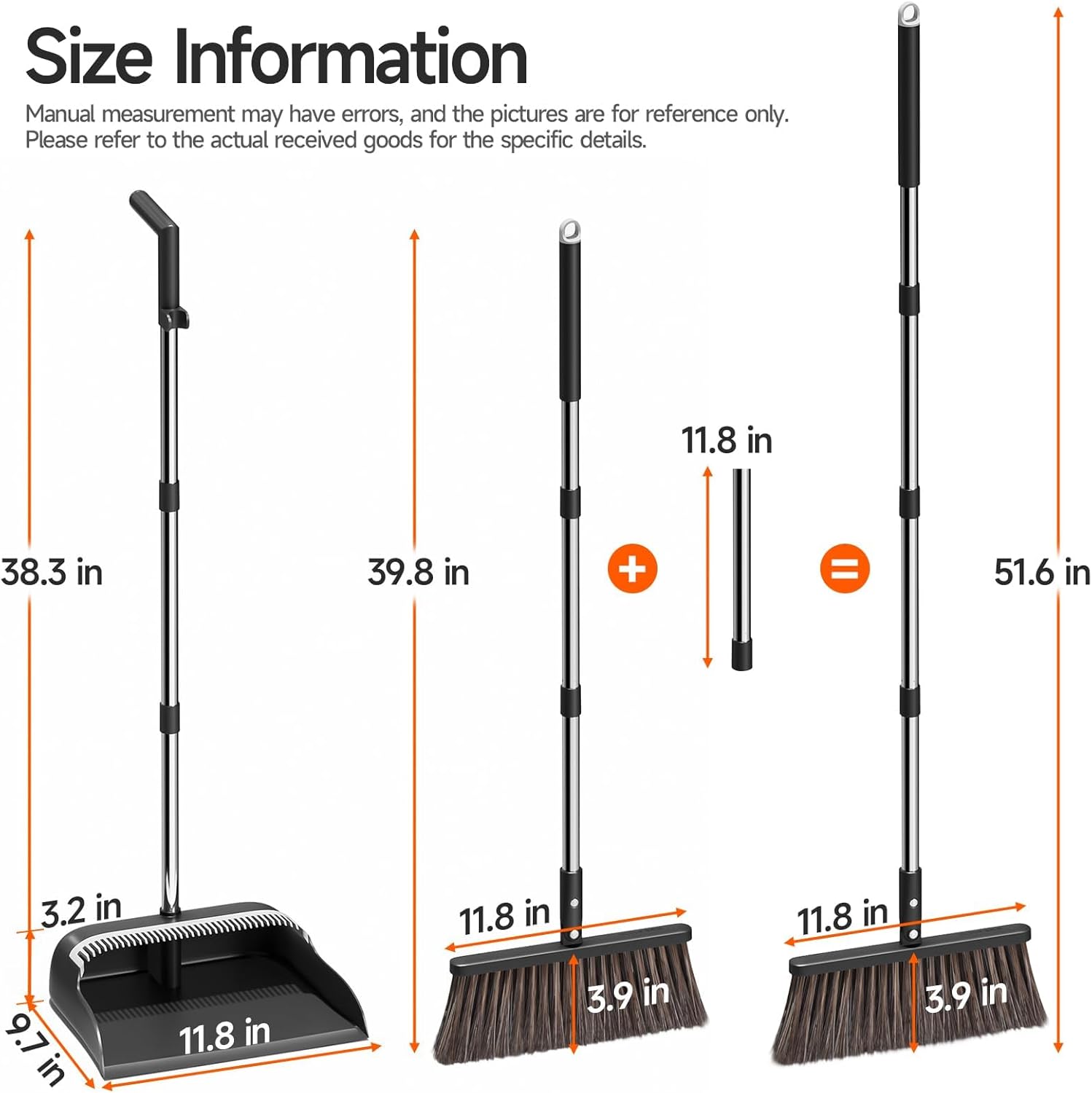 Broom and Dustpan Set for Home, Extra Brush Head & 51.6" Adjustable Long Handle, with Comb Teeth for Pet Hair, Lightweight Indoor Sweeping Kit for Hardwood Floor