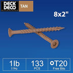 Wood Screws #8 x 2 133pcs(Approx), Tan Ruspert Coating Exterior Deck Screws, Torx/Star Drive Flat Head,Twist Shank, Cut Tip/Thread, Bit Included, 1 lb/Box