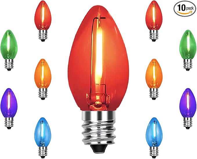 C7 Replacement Bulbs, Christmas Lights Bulbs, 0.6W Multi-Color Clear LED Light Bulbs, Colorful Light for Xmas Tree Patio Prom Indoor Outdoor String Lights Decor, E12 Candelabra Base-10 Pack