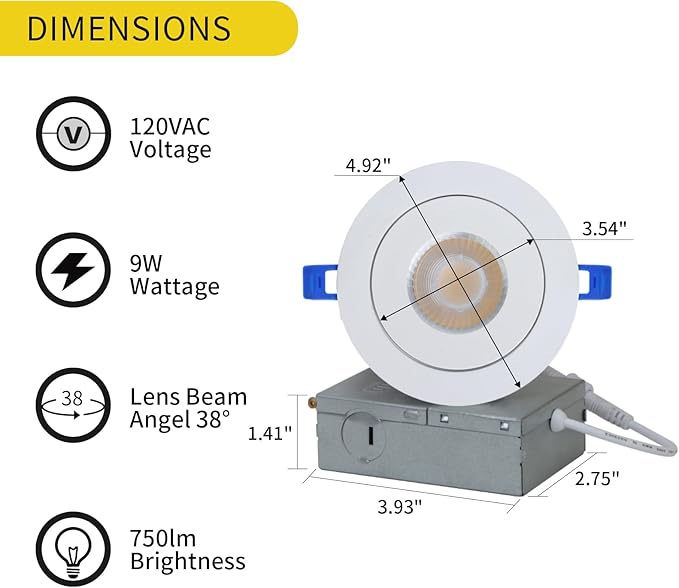Gimbal Recessed Lighting 4 Inch 6 Pack, Ajustable Eyeball recessed Light with Junction Box,5 Color Selectable,Airtight,9W 750LM,Dimmable,White