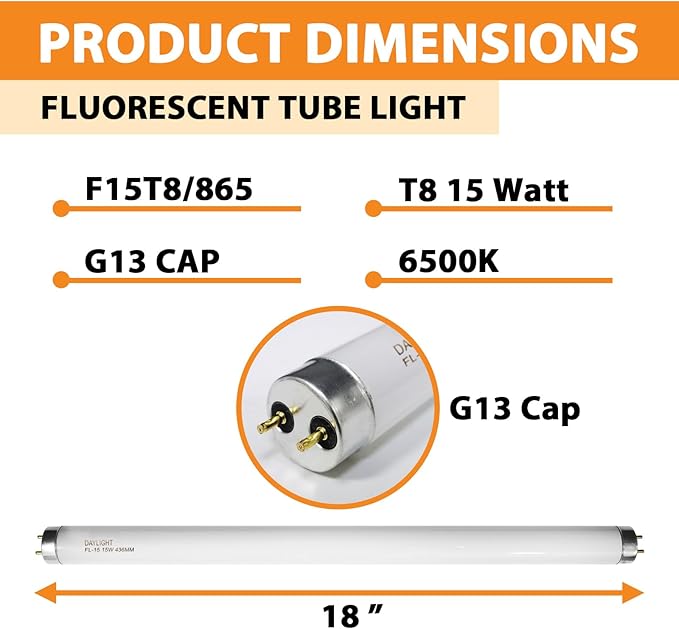 F15T8/DL 18 Inches T8 15 Watt Fluorescent Tube Compatible for Sylvania GE Eiko F15/T8/D Daylight 6500K G13 Bi-Pin Base 6 Count