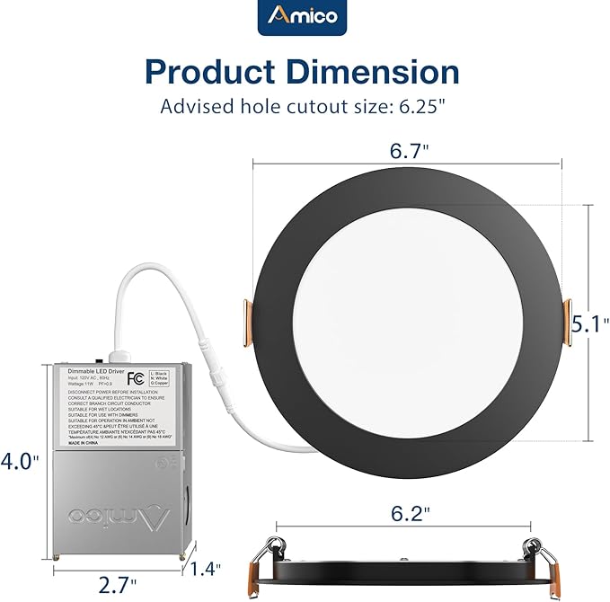 Amico 24 Pack 6 Inch Black 5CCT Ultra-Thin LED Recessed Ceiling Light with J-Box, 2700K/3000K/3500K/4000K/5000K Selectable, 12W Eqv 110W, Dimmable Canless Downlight, 1050LM High Brightness, ETL, FCC