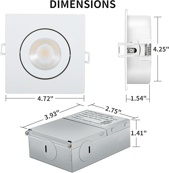 Square Recessed Lighting 4 inch 6 Pack,Canless Eyeball Recessed Lights,dimmable, 5CCT Selectable,9W 750LM