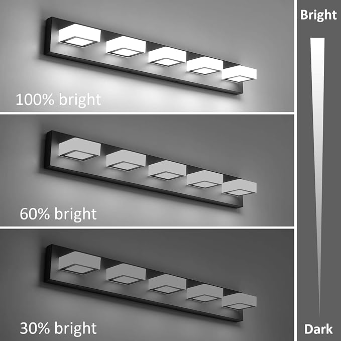 Ralbay Dimmable Matte Black Vanity Light Modern 5 Lights Acrylic Stainless Steel Vanity Wall Light Over Mirror Long LED Modern Bathroom Vanity Lighting Fixtures