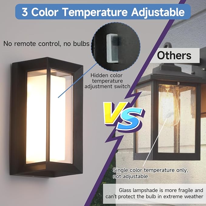 Outdoor Wall Lights LED 3 Color Outdoor Light Fixture Wall Mount Exterior Lights 2100Lm IP65 Exterior Wall Sconce,Rustproof Sconce with Double Shade,Matte Black Light for Porch 1 Pack
