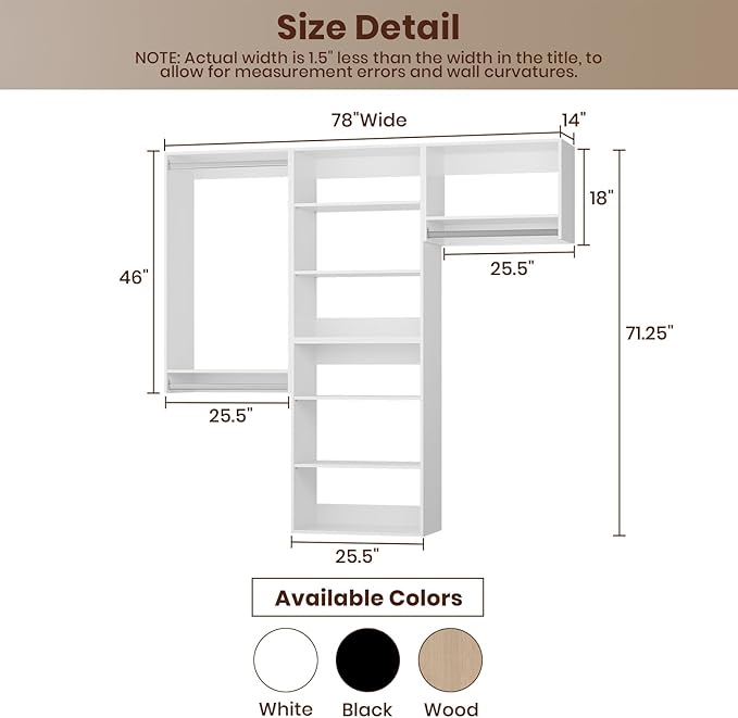 ROOMTEC Modular Closet System, 78" Wall-Mounted Closet Organizer with Hanging Rods, Modern Wooden Tower for Walk-In Closets, Wardrobe Storage Kit, White