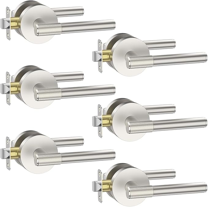 Asidrama 6 Pack Passage Brushed Nickel Door Handles, Door Lever with Door Knobs Indoor for Bedroom or Bathroom, Heavy Duty Door Handles Interior with Locks for Left Right Sided Doors