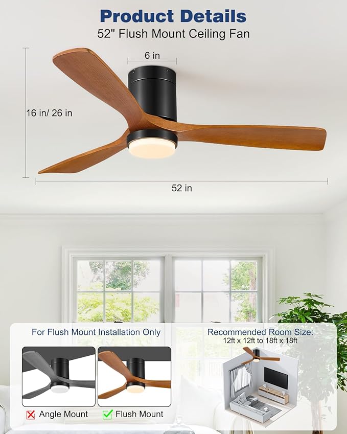 60 Inch Ceiling Fans with Lights Remote, 60" Flush Mount Outdoor Ceiling Fan Exterior Ceiling Fan, 3 Wood Blades, 6 Speeds, Timer, Quiet DC Motor Modern Low Profile Fans for Patio Porch