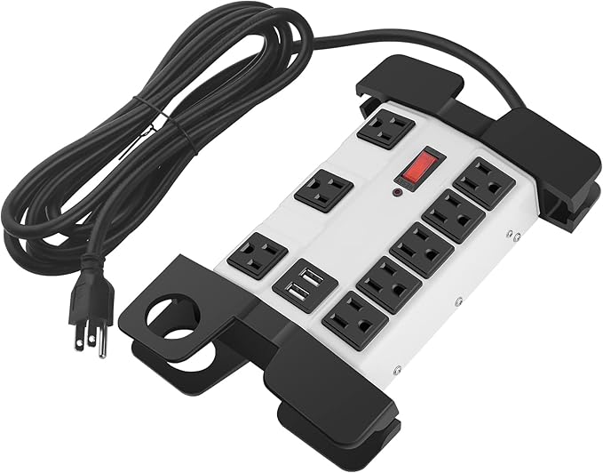 Heavy Duty Power Strip with USB, Workshop 8 Outlet Surge Protector 2700 Joules, Grey Industrial Metal 15Amp Power Strip, 12 FT Extension Cord and Wide Spaced.