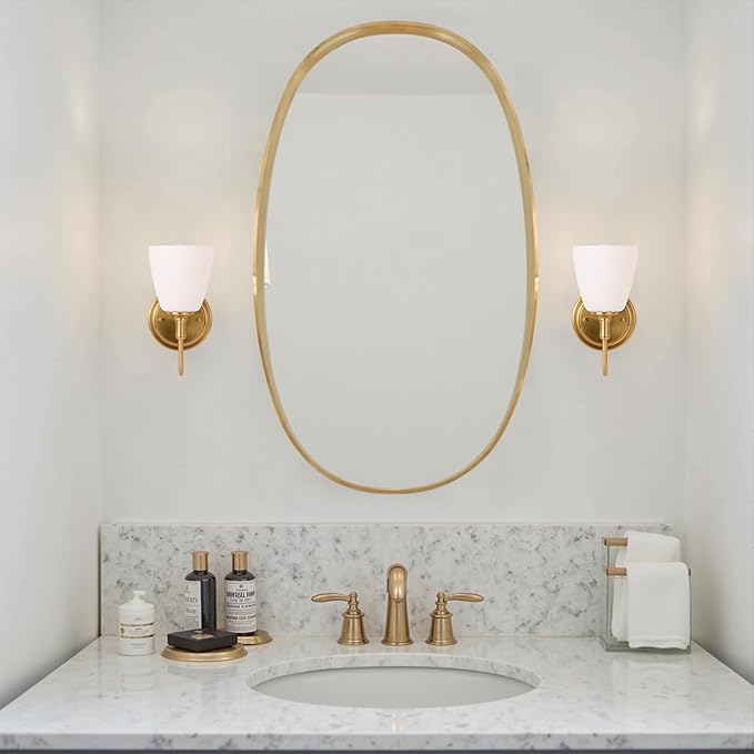 Gold Wall Sconces Vintage Bathroom Vanity Light Fixtures Frosted Milk Glass & Brass Base Indoor Wall Mount Light for Living Room,Bedroom, Bathroom, Mirror, Hallway, Stairway (Bulb not Included)