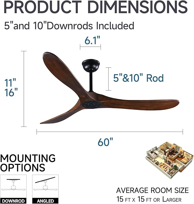 60" Farmhouse Ceiling Fan with Remote Control, Wood Ceiling Fan without Lights for Indoor/Outdoor - Modern Design, Powerful Airflow, Silent Operation