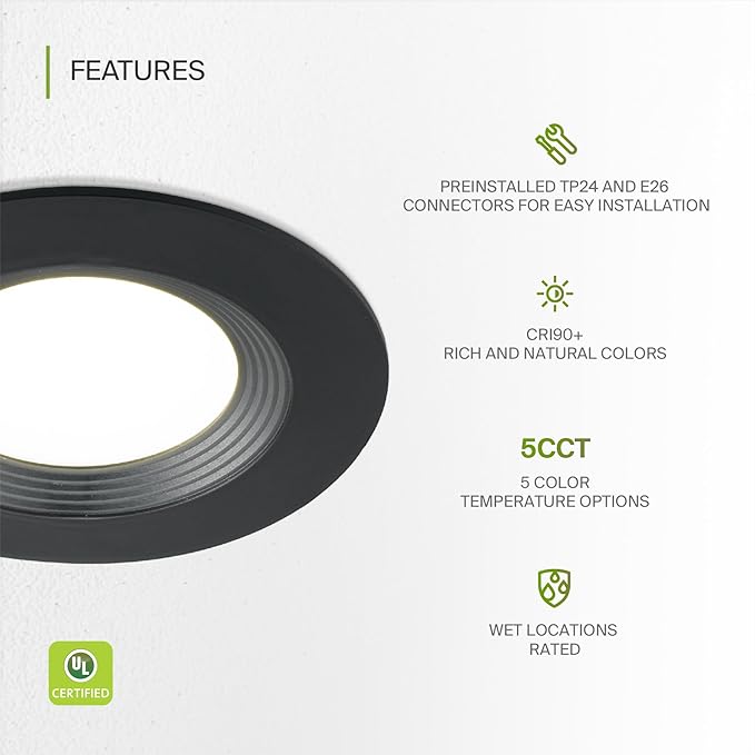 ASD Retrofit LED Recessed Lighting 6 Inch | Black 12W 1009 Lm Wet Rated Dimmable LED Downlights | 2700K-5000K Adjustable CRI90 Recessed Light Fixtures | Baffle Trim Can Lights, UL 24 Pack