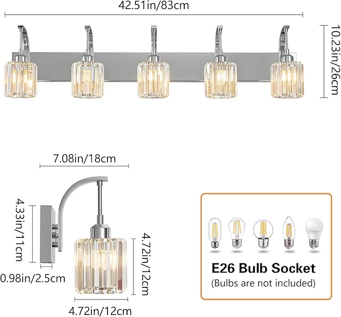 5-Light Crystal Vanity Light, Modern Chrome Bathroom Wall Sconce with K9 Crystal Shades, 42.51" Long Over Mirror Lighting for Vanity, Makeup, Hallway, Elegant & Easy Installation