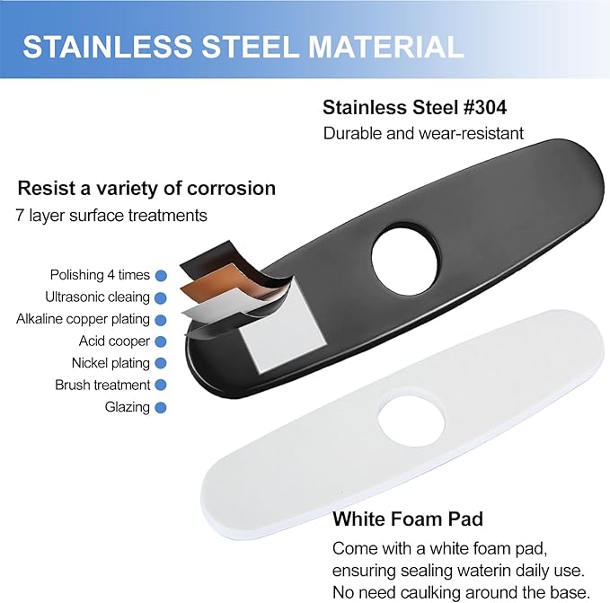 10 Inch Sink Faucet Hole Cover Deck Plate, 304 Stainless Steel Escutcheon Plate for 1 or 3 Hole Kitchen or Bathroom Sink Faucet, Matte Black Finish for Pull Down/Pull Out and Mixer Tap