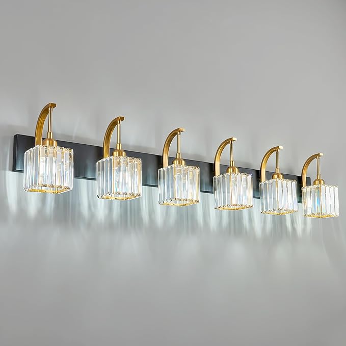 Crystal Vanity Lights 6-Light Black Gold Bathroom Vanity Lights Modern Crystal Bathroom Light Fixtures Over Mirror 51.18" Long Vanity Light for Bathroom