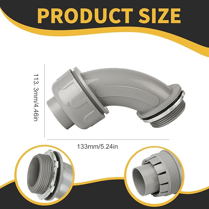 Conduit Connectors, 1-1/2 Inch Liquid Tight Connector NPT Non-Metallic for PVC Electrical Flexible Conduit Fittings, 90 Degree, UL Listed for Home Outdoor Tubes Tools, Grey (5-Pack)