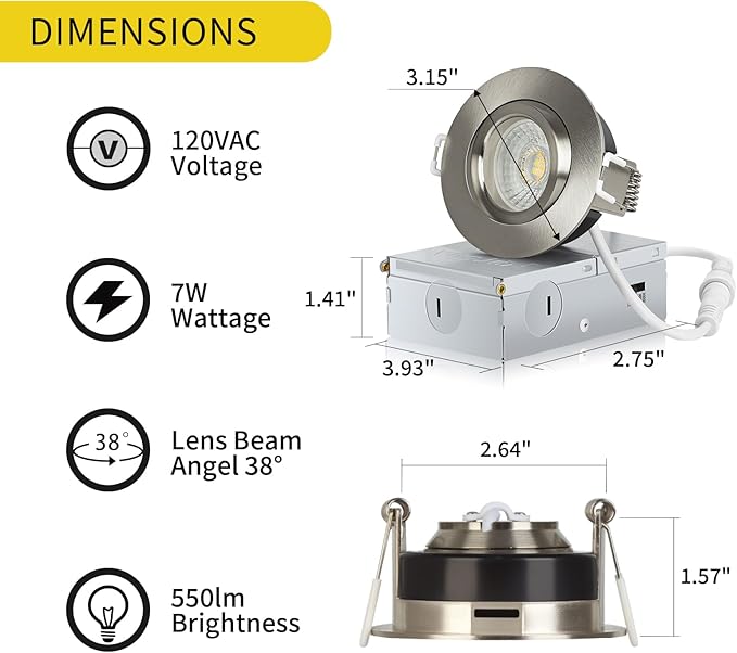Brushed Nickel 3 Inch Recessed Lighting 6 Pack, Ajustable Eyeball recessed Light with Junction Box,5 Color Selectable,Airtight,7W 550LM,Dimmable,Brushed Nickel