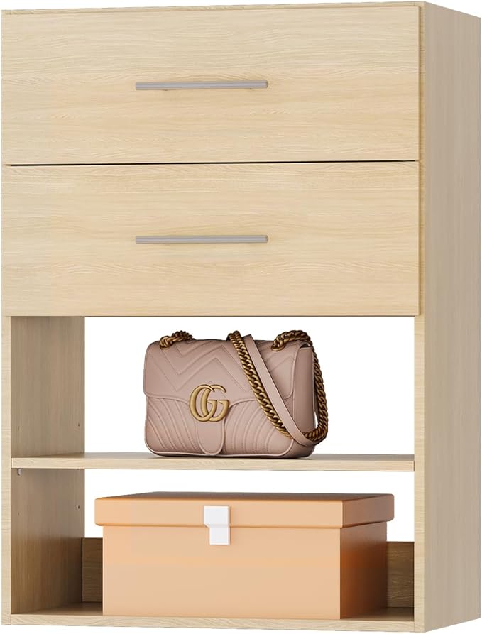 ROOMTEC 25.5" 2 Drawer Short Tower Closet Unit, Modular Closet System with Drawers and Shelf, Wardrobe Organizer for Bedroom or Walk-in Closet, Wall Mounted, Customizable Clothes Storage Unit, Wood