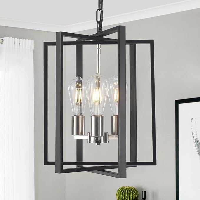Modern Farmhouse Chandelier for Dining Room, 3 Light Black and Nickel Entryway Light Fixture Adjustable Pendant Lights Kitchen Island Rustic Hanging Chandelier for Foyer Living Room Hallway Bedroom
