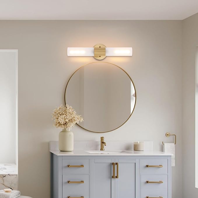 Gold Knurled Texture Wall Sconce Frosted Glass Shade Modern Bathroom Vanity Light Fixtures 2-Lights Mid Century Wall Light for Mirror Living Room Hallway E26 T10 Bulbs(Excluded)